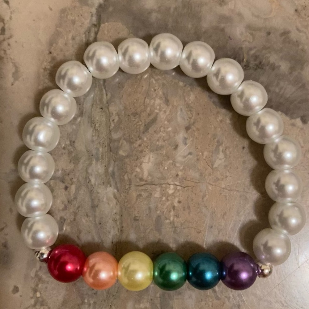 6 1/2”-6 3/4”wrist. Rainbow glass PRIDE white bracelet: Double glued/hidden knot